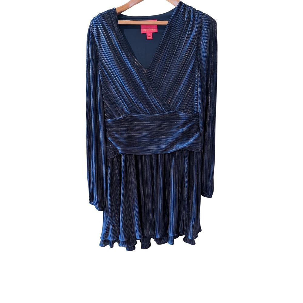 Lilly Pulitzer Navy Blue Metallic Gold Pleated Ruffle Mini Dress Size 6